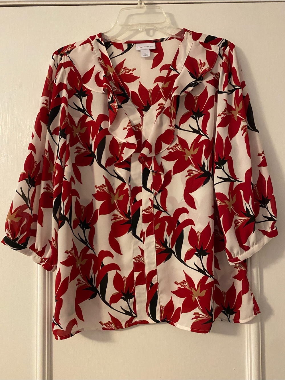 Liz Claiborne White Blouse with Bold Red Floral Print